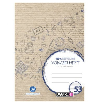 Vokabelheft 400146772 Recycling, Lineatur 53 / liniert / 2 Spalten, A5, 80g, braun, 32 Blatt / 64 Seiten