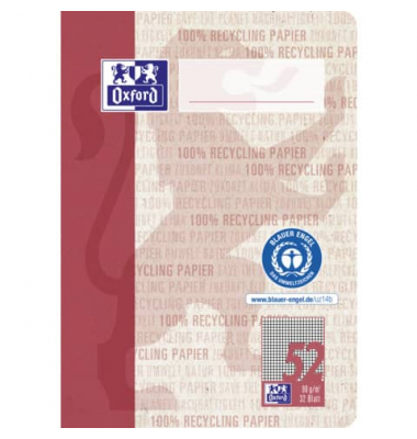 Oktavheft 400159443 Recycling, Lineatur 52 / kariert, A6, 90g, rot, 32 Blatt / 64 Seiten