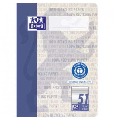 Oktavheft 400159445 Recycling, Lineatur 51 / liniert / keine, A6, 90g, blau, 32 Blatt / 64 Seiten