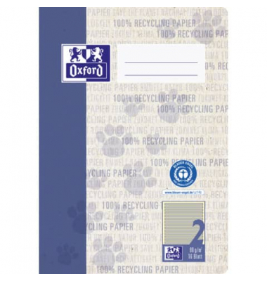 Schulheft 400159452 Recycling, Lineatur 2 / Schreiblern-Lineatur / keine, A5, 90g, blau, 16 Blatt / 32 Seiten