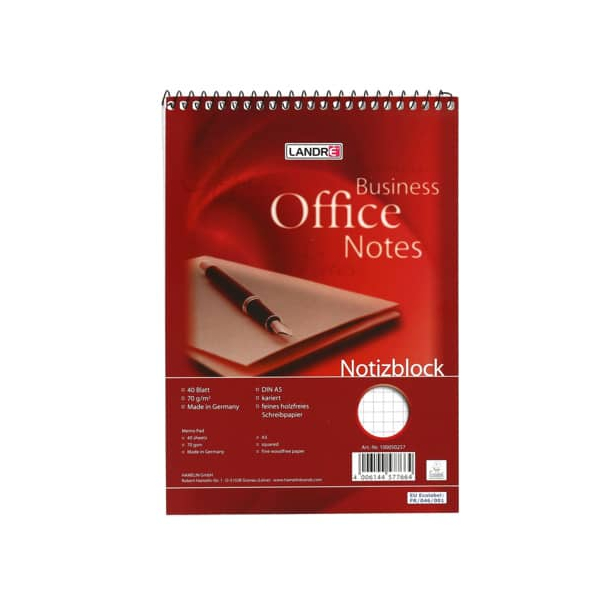 10 Stück Landre Notizbuch 100050257, Business Office Notes, rot, A5, kariert, 60g, 40 Blatt / 80 Seiten 4006144577664 Landre