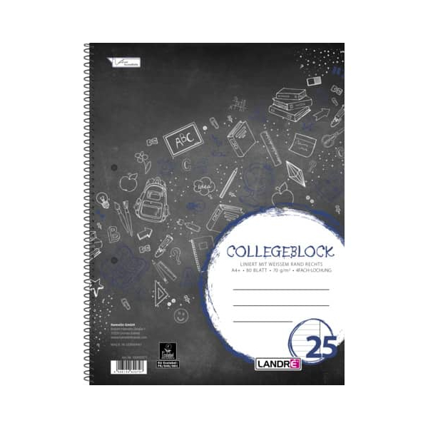 10 Stück Landre Collegeblock 100050571, Schule, Lineatur 25 / liniert mit weißem Rand, A4, 70g, schwarz, 80 Blatt 4006144620797 Landre
