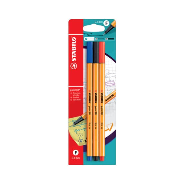 10 Stück Stabilo Fineliner-Set point 88, B-10213-10, orange, weiße Streifen (Schreibfarbe: 3-farbig sortiert), 0,4mm 4006381102131 Stabilo 3 Stück