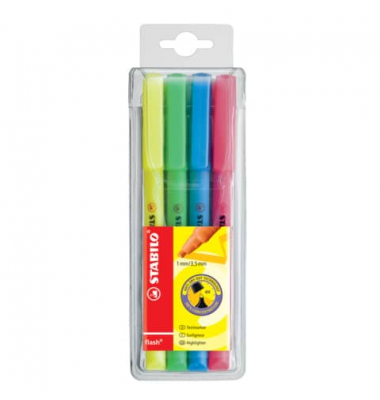 Textmarker STABILO flash Etui, 555/4, Etui, 4-farbig sortiert, 1-3,5mm Keilspitze