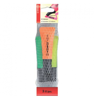 Textmarker STABILO Neon, 72/3-2, Etui, farbig sortiert (gelb/gr&uuml;n/orange), 2-5mm Keilspitze