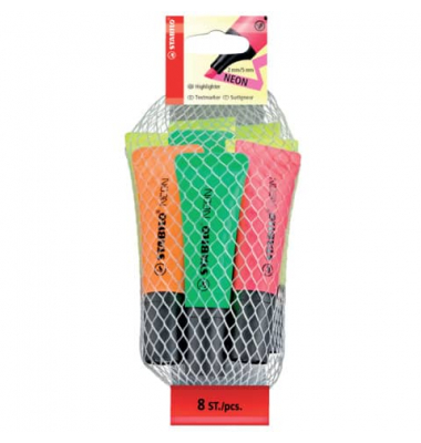 Textmarker STABILO Neon, 72/8-2, Etui, 4-farbig sortiert, 2-5mm Keilspitze