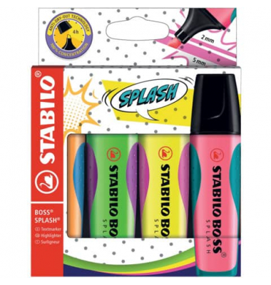 Textmarker STABILO BOSS Splash, 75/4, Etui, 4-farbig sortiert, 2-5mm Keilspitze