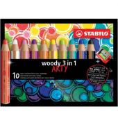Buntstift, Wasserfarbe & Wachsmalkreide - woody 3 in 1 - ARTY - 10er Pack - mit 10 verschiedenen Farben und Spitzer