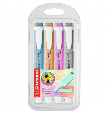 Textmarker STABILO swing cool, 275/4-08-2, Packung, 4er Etui Pastellfarben/seidengrau/frische fuchsie/himmlisches blau/sanftes o