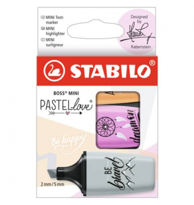 Textmarker STABILO BOSS MiNI, 07/03-59, Packung (3 #), farbig sortiert (seidengrau/fuchsie/orange), 2-5mm Keilspitze