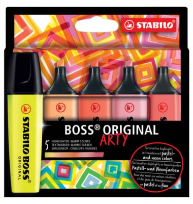 Textmarker BOSS ORIGINAL, 70/5-02-1-20, Etui, farbig sortiert (korallenrot/gelb/pastellrot/rot/pastellorange), 2-5mm Keilspitze