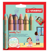 Buntstifte-Set STABILO woody 3 in 1, 8806-3, 6-farbig sortiert, rund, jumbo, Packung