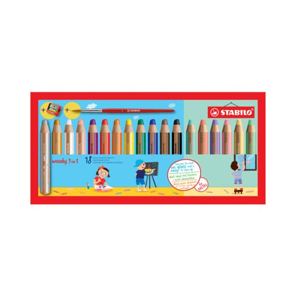 Stabilo Buntstifte-Set STABILO woody 3 in 1 + PASTEL, 880/18-4, farbig sortiert +pastell, rund, jumbo, Packung 4006381582971 Stabilo 18 Stück