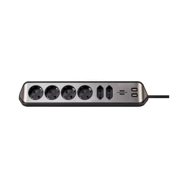 4007123672820 - Steckdosenleiste brennenstuhl estilo 6-fach 2 USB-Ladebuchsen IP20 Kabellänge 2 m L 365 x B 60 x T 110 mm Edelstahl & Kunststoff schwarz-silber