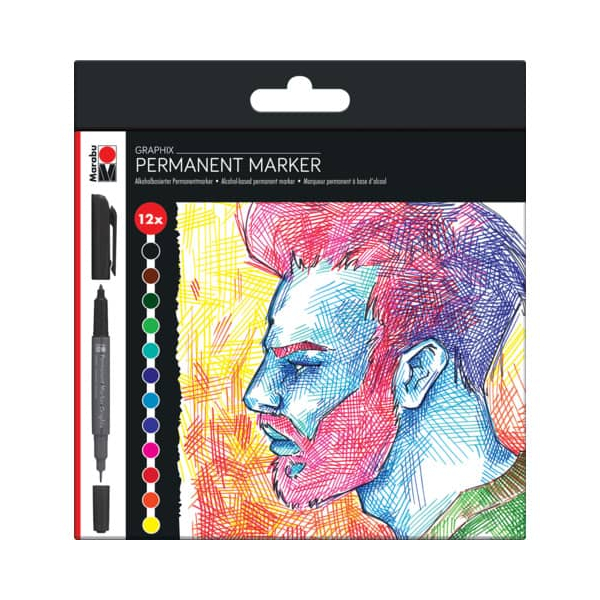 6 Stück Marabu Permanentmarker Graphix Significant, 01470 000 00100, Pack, 12-farbig sortiert, 1-2mm Rundspitze/doppel 4007751738721 MARABU 12 Stück