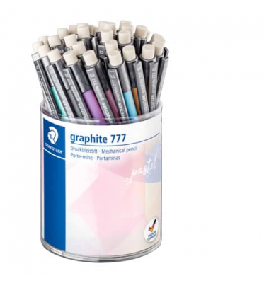 Druckbleistift Graphite 777 pastell im K&ouml;cher, 777 KP36PA, H&auml;rte HB, 0,5mm, farbig sortiert, mit Radiergummi