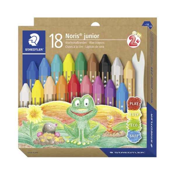 4007817075142 - STAEDTLER Wachsmalkreide Noris junior 18er Kartonetui sechseckig Papiermanschette Durchmesser 14 mm Länge - 1 Stück (224 C18)
