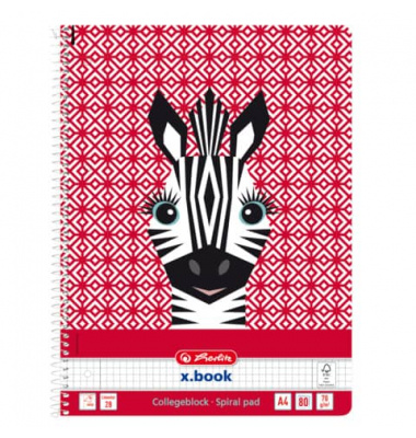 Collegeblock 50039210 Cute Animals, Zebra, Lineatur 28 / kariert mit Rand innen/außen, A4, 70g, rot, 80 Blatt
