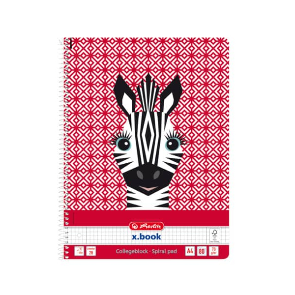 5 Stück Herlitz Collegeblock 50039210 Cute Animals, Zebra, Lineatur 28 / kariert mit Rand innen/außen, A4, 70g, rot, 80 Blatt 4008110290881 Herl