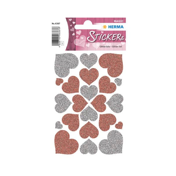 10 x HERMA Schmucketikett Magic Herzen Rot & Silber Glittery