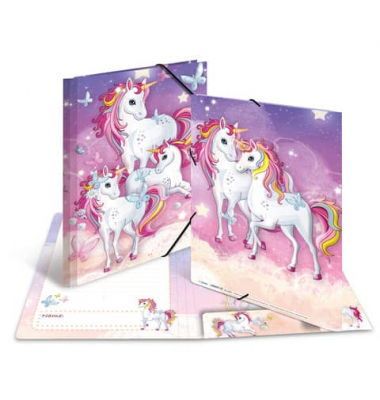 Gummizugmappe 19374, A4 Motiv Einhorn Karton, mit 3 Einschlagklappen