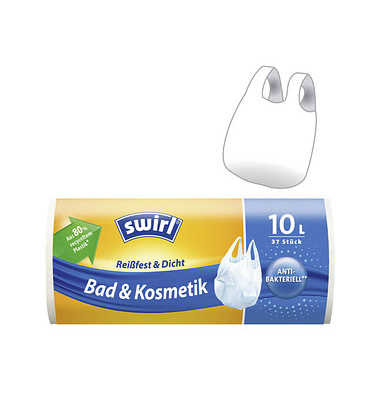 Tragegriff-Müllbeutel 4341 Bad & Kosmetik, weiß, 10 Liter, mit Griff, stark