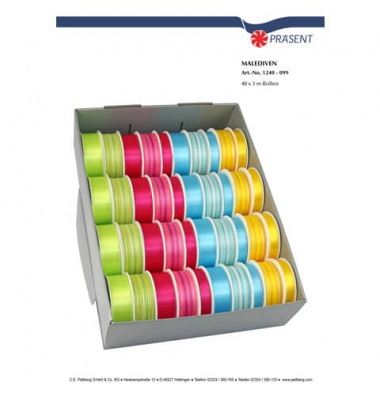Zierband 1240-099, uni und gestreift, 12/15 und 30mm x 3m, grün/rot/blau/gelb sortiert