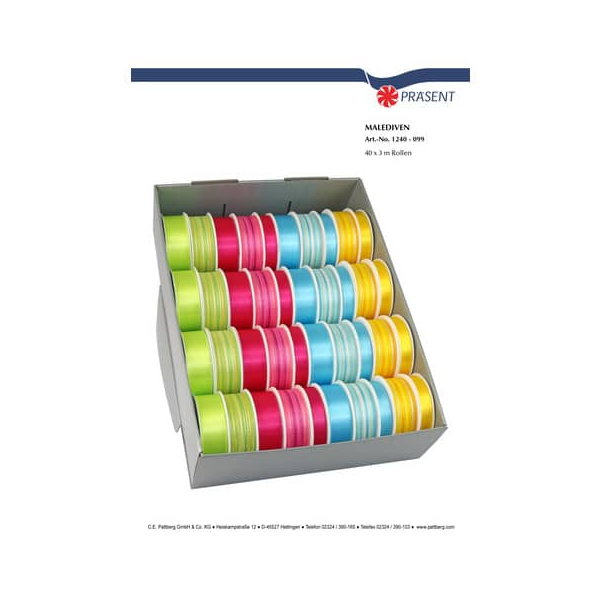 40 Stück Präsent Zierband 1240-099, uni und gestreift, 12/15 und 30mm x 3m, grün,rot,blau,gelb sortiert 4009236145833 Präsent 3 Meter