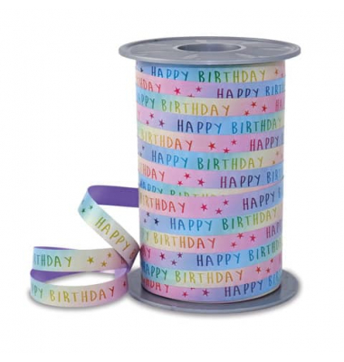 Geschenkband RAINBOW BIRTHDAY PASTELL 4269-001, Schriftzug Happy Birthday, 10mm x 200m, birthday Pastell
