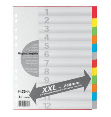 Kartonregister 32007-20, 12-teilig blanko, A4+, 225 g/m&sup2;, farbige Taben, 12-teilig