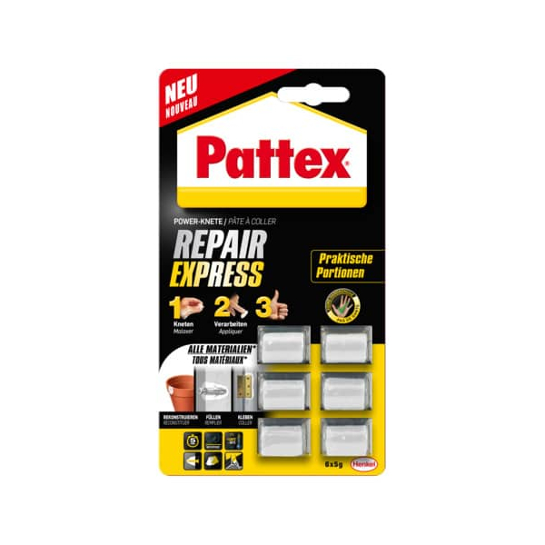 6 Stück Pattex Zweikomponentenkleber 9H PRX15 Repair Express Powerknete, 6x5g, permanent 4015000417341 Pattex 30 Gramm