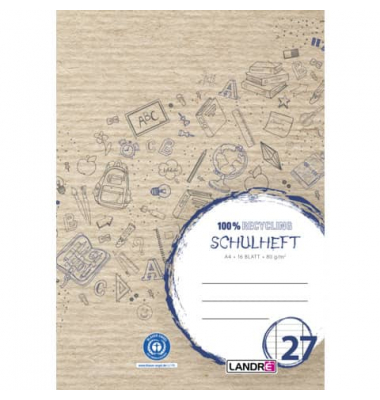 Schulheft 100050217 Recycling, Lineatur 27 / liniert mit Rand innen/außen, A4, 80g, braun, 16 Blatt / 32 Seiten
