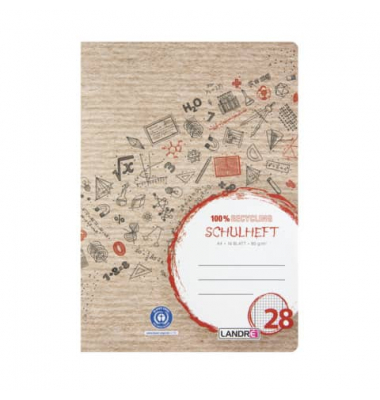 Schulheft 100050218 Recycling, Lineatur 28 / kariert mit Rand innen/außen, A4, 80g, braun, 16 Blatt / 32 Seiten