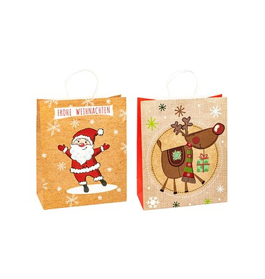 Geschenktasche 88318-SG Weihnachten Serie 1, Weihnachten,  Papierkordel, 1x Rentier, 1xWeihnachtsmann, 26cm x 32cm