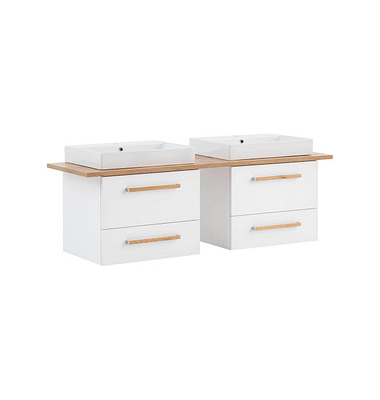 MÖBELPARTNER Waschbecken mit Unterschrank Duo kreideweiß, eiche landhaus 165,2 x 50,0 x 61,5 cm