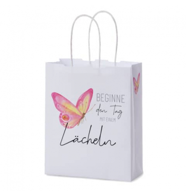 Geschenktasche 991664, allgemein, gedrehte Papierkordel, Beginne den Tag mit einem Lächeln + Schmetterling, 180mm x 220mm