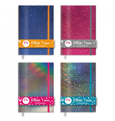 Sch&uuml;lerkalender 89104, Effekt Timer, sortiert mit Glitter- oder Metalliceffekt, 1 Woche / 2 Seiten, 10,5x12,8cm (A6), Jahresunab