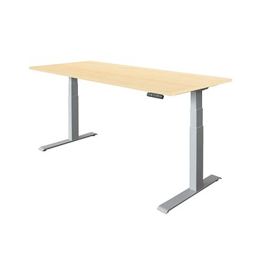 Sitz-Steh-Schreibtisch Basic, elektrisch höhenverstellbar, 64-129cm (H), 180x80cm (BxT), rechteckig, ahorn / silber
