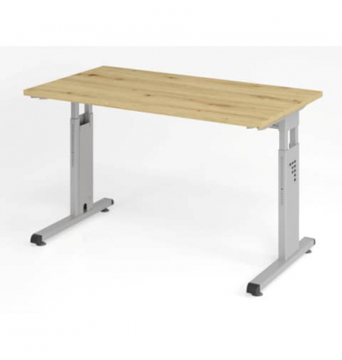 Schreibtisch O-Serie mini, manuell höhenverstellbar, 65-85cm (H), 120x67,2cm (BxT), rechteckig, asteiche / silber