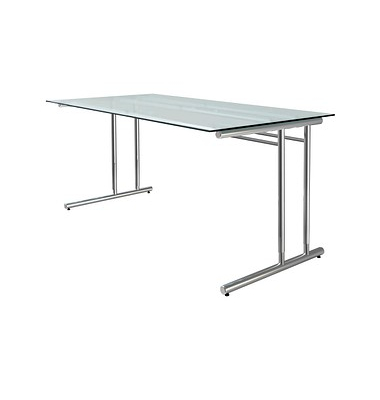 Schreibtisch, manuell höhenverstellbar, 68-82cm (H), 160x80cm (BxT), rechteckig, Milchglas / chrom
