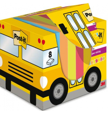 Haftnotizen 6720SS-8C, Schulbus, 63,5x76mm, farbig sortiert (gelb/orange/gr&uuml;n/blau/pink), rechteckig