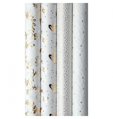 Geschenkpapier 33572-808135, sortiert (4 Motive) Liebesbeweise, 70cm x 1,5m, wei&szlig;/gold