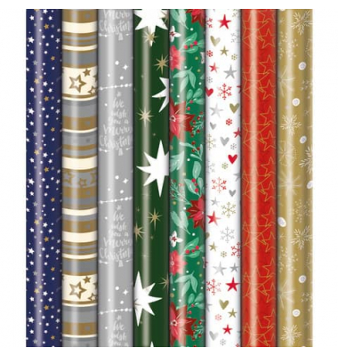 Geschenkpapier PR&Auml;SENTA  33097 252212, sortiert (8 Motive), Weihnachten, 70cm x 10m, farbig sortiert