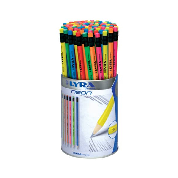 96 Stück Lyra Bleistift NEON , L1293960, Härte HB, gelb, orange, grün, blau,lila, rot, mit Radiergummi 4084900103470 Lyra