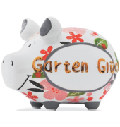 Spardose Schwein (klein) 101654 , "Blumen/Schriftzug Garten Gl&uuml;ck"