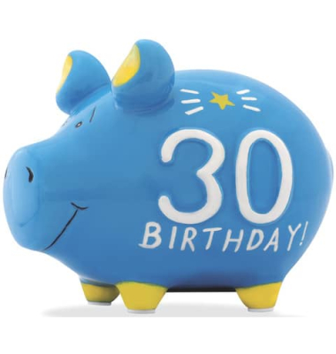 Spardose Schwein (klein) 101658 , "Stern/Schriftzug 30. Birthday"