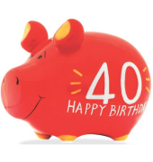 Spardose Schwein (klein) 101659 , "Schriftzug 40. Happy Birthday"