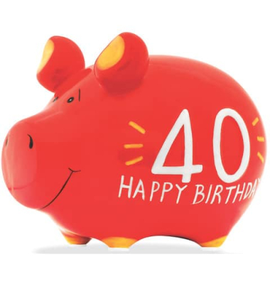 Spardose Schwein (klein) 101659 , "Schriftzug 40. Happy Birthday"
