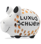 Spardose Schwein (klein) 101667 , "goldene Punkte/Schriftzug"