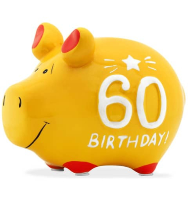 Spardose Schwein (klein) 101727 , "Stern/Schriftzug 60. Birthday"